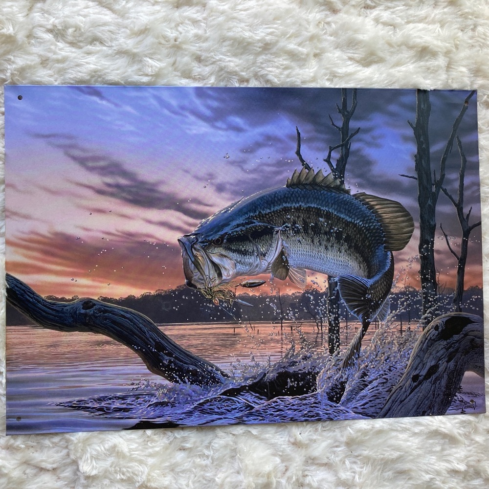 Al Agnew Largemouth Bass “Strike” Metal Picture Artwork, fish, sunset, NWT